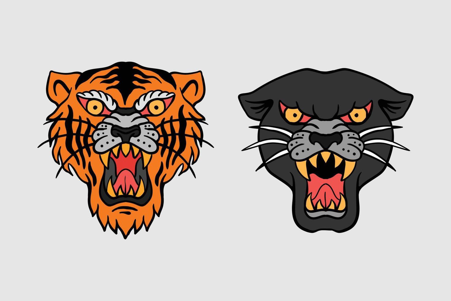 Tiger und schwarzer Panther Illustrationsdruck auf T-Shirts, Jacke, Souvenirs oder Tätowierung kostenloser Vektor