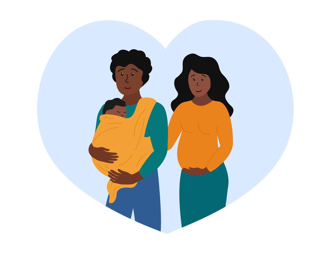 glückliche Familie. Schwangere Frau und Mann mit kleinem Baby im Tragetuch. Fröhliches afroamerikanisches Paar, Vater und Mutter, die ein Neugeborenes erwarten. flache Vektorgrafik vektor