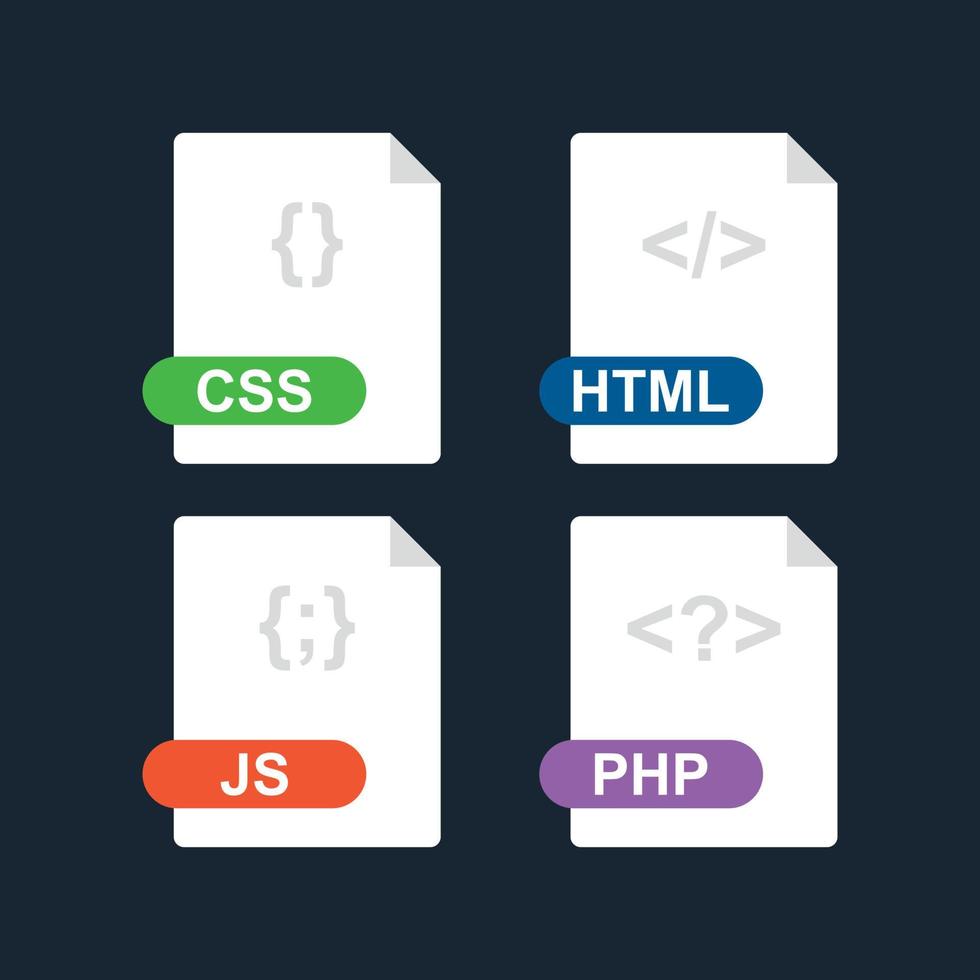 css, html, js, php. Sammlung von flachen Symbolen für das Dateiformat der Webentwicklung. Vektor