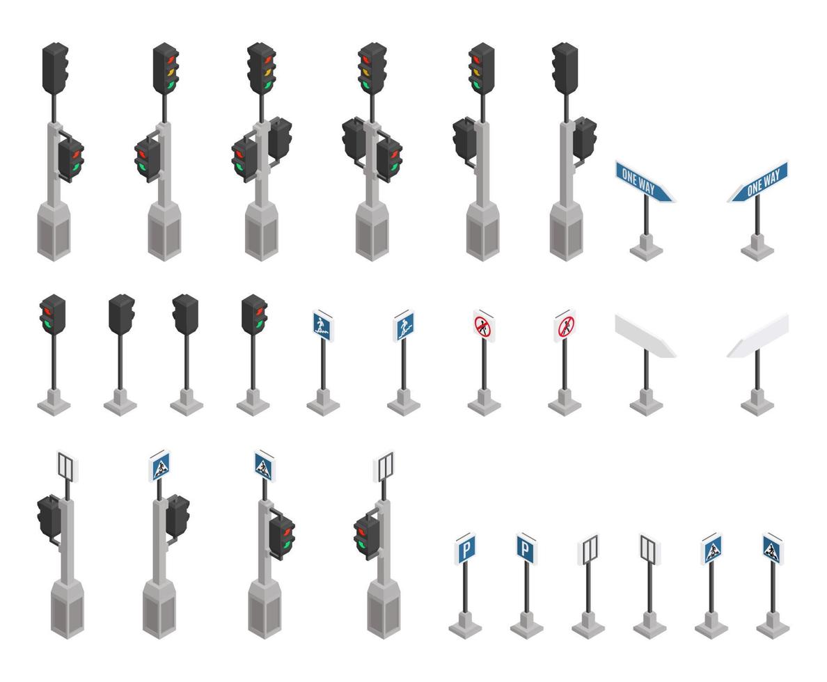 Auswahl an Verkehrszeichen Ampel isometrisch vektor