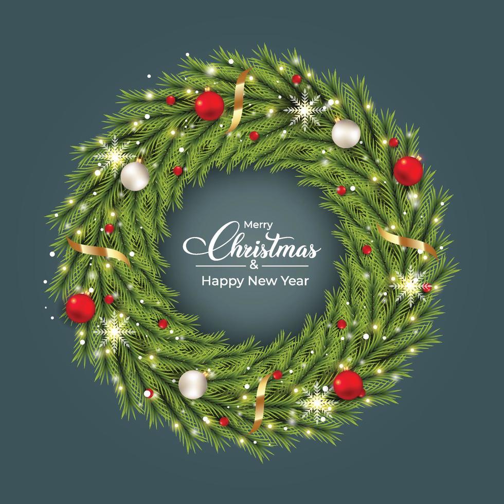 Weihnachtsrealistischer Türkranz mit luxuriösen roten und weißen Dekorationskugeln. realistisches Kiefernkranz-Design mit 3D-Kugeln, Bändern und Schneeflocken. Weihnachtskranz-Design mit Kalligraphie-Design. vektor