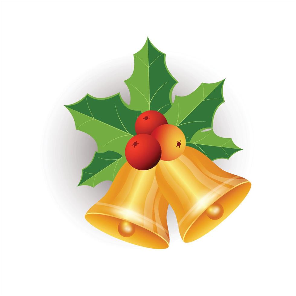 Weihnachtsgoldene Glocken mit roten Beeren. Weihnachtsglockensammlung mit grünen und goldenen Blättern. goldene Glocke, rote Beeren, goldene Blätter, Tannenzweig, grüne Blätter, Stechpalmenbeeren, Jingle Bells. vektor
