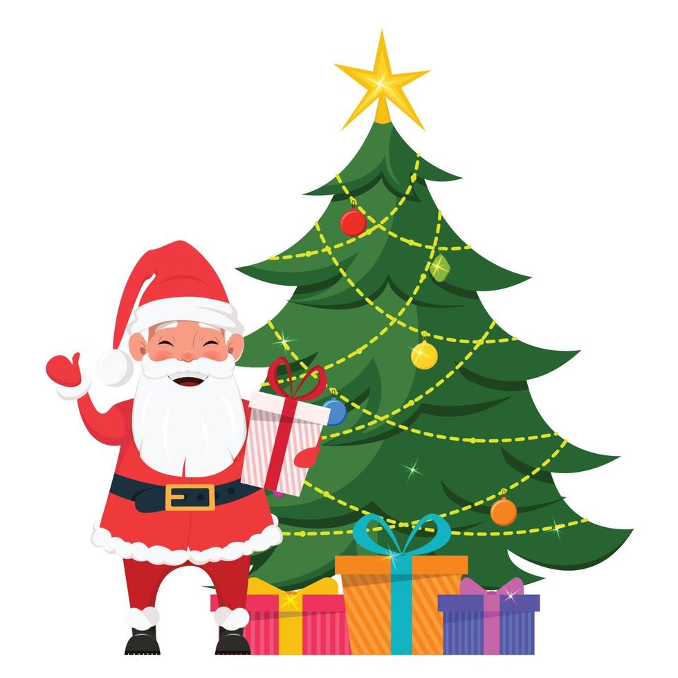 Santa steht in der Nähe des Weihnachtsbaums mit Geschenken darunter vektor