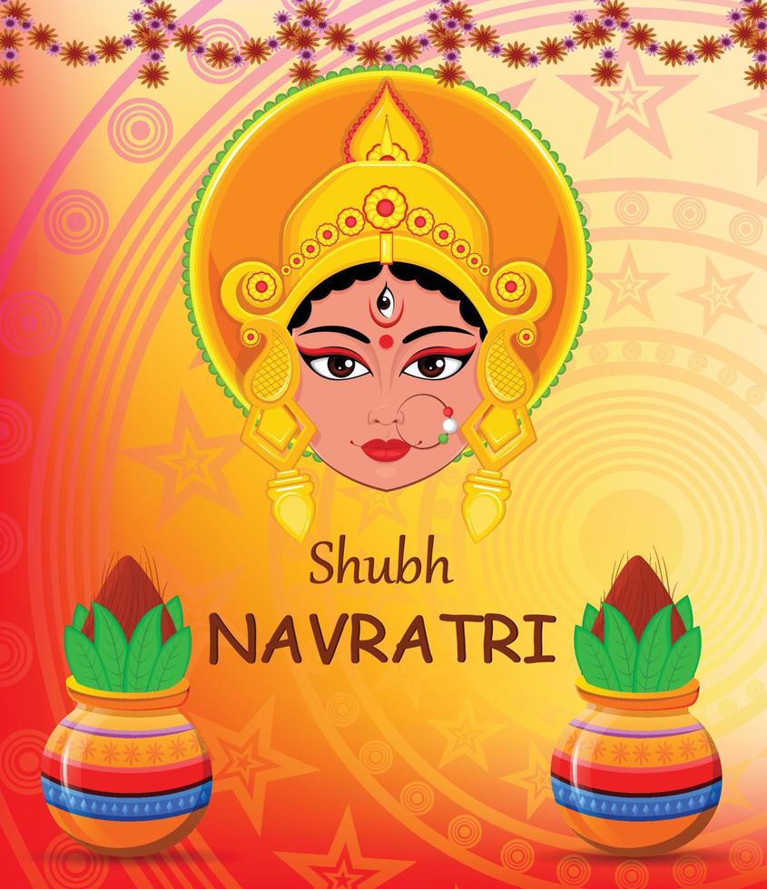 glad navratri vektorillustration. maa durga ansikte och krukor med kokos på abstrakt bakgrund vektor