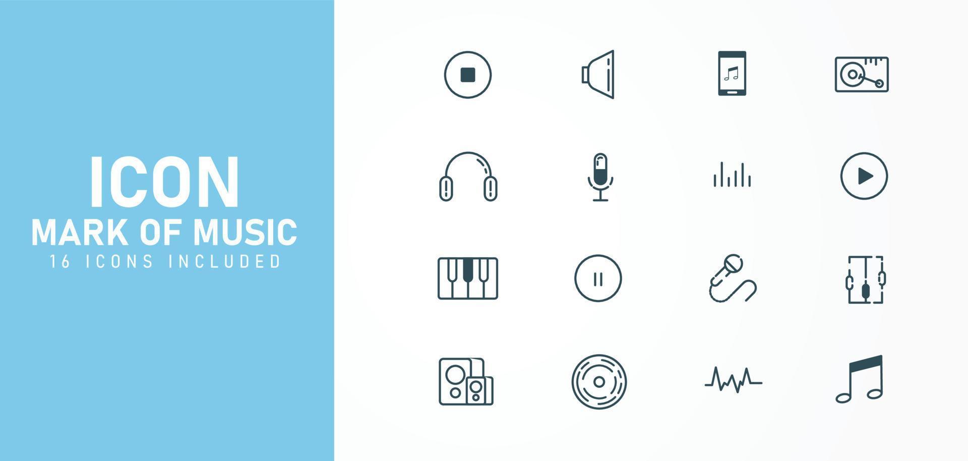 musikrelaterade vektorlinjeikoner med bock innehåller ikoner som högtalare, mikrofon, hörlurar, fonograf, ljudutrustning, piano, noter och mer som vektordesignillustration. vektor