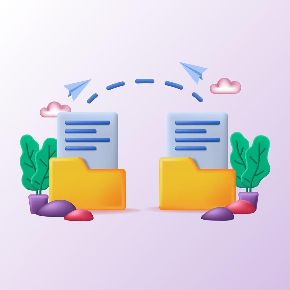 Datenordner Transfer System Technologie Illustration Konzept. Gelber 3D-Ordner mit Migration von Seitendokumenten zum Senden von Daten und Backup vektor