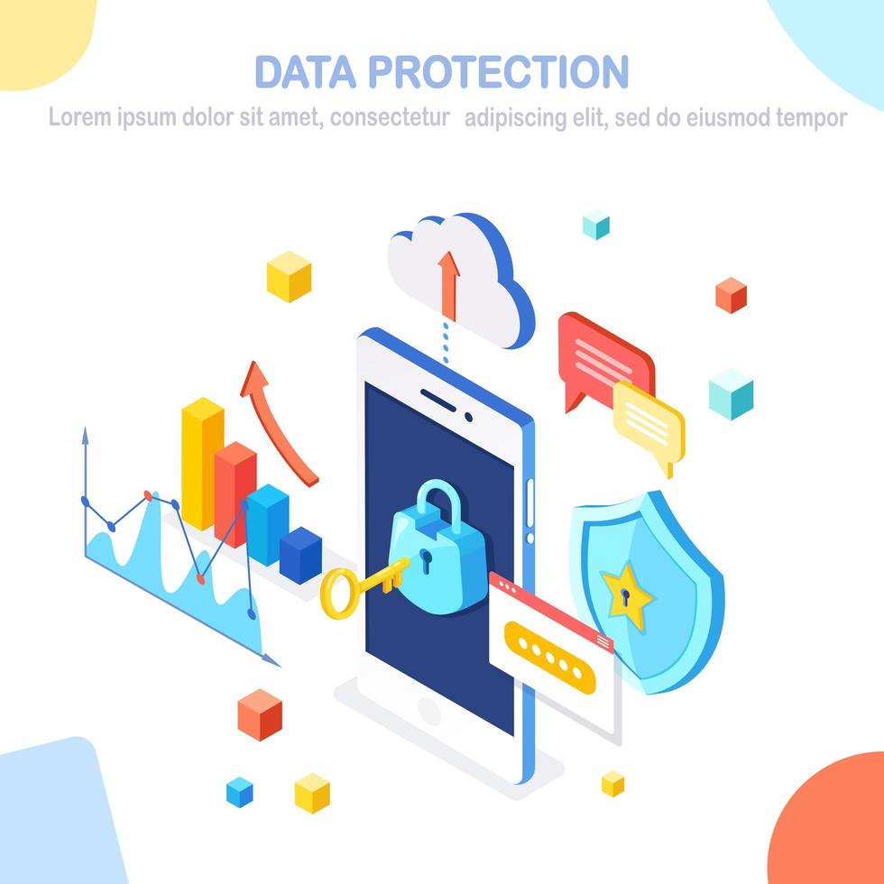 dataskydd. Internetsäkerhet, sekretessåtkomst med lösenord. 3D isometrisk mobiltelefon med nyckel, lås, sköld, moln, pratbubbla, smartphone, pengar, diagram, graf. vektor design för banner