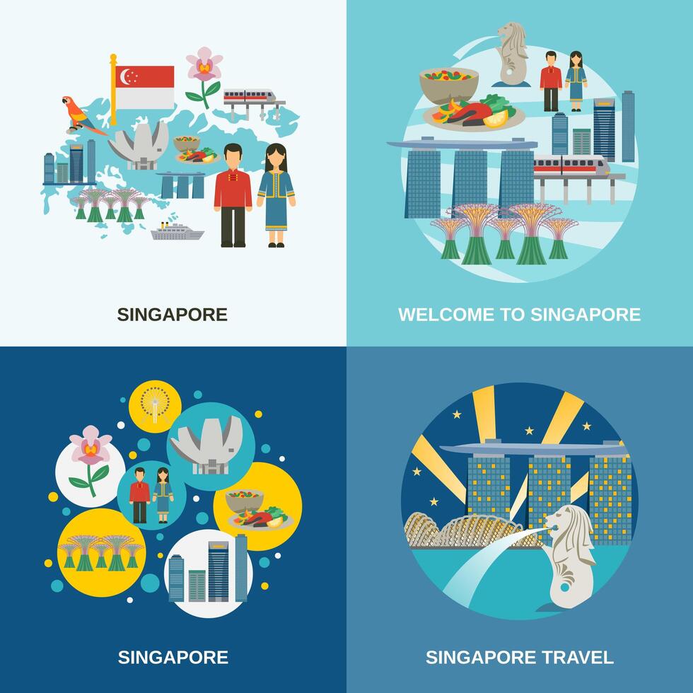 Singapore Culture 4 Flat Icons Sammansättning vektor