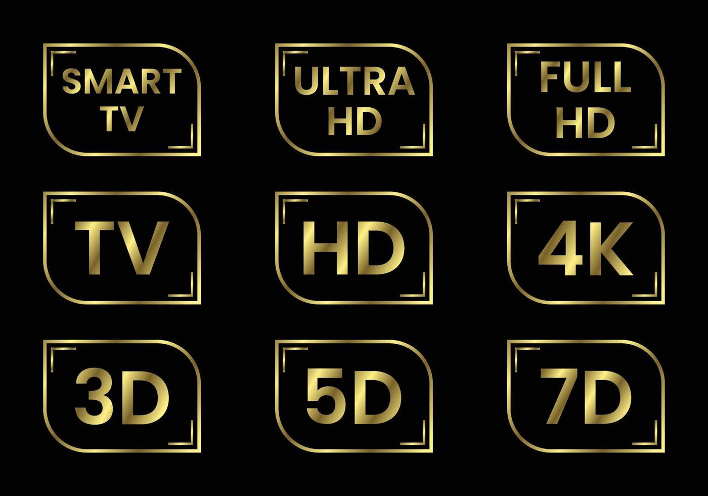 gyllene tv-ikonuppsättning. tv-etiketter tv hd 3d 5d 7d smart tv full hd 4k ultra hd vektor