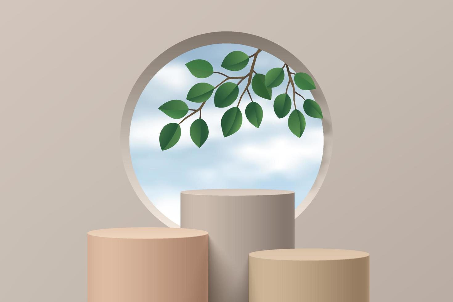 Beige und cremefarbener realistischer zylinderständer mit grünem blatt, blauem himmel im fenster. Vektor abstrakter Studioraum mit geometrischer 3D-Plattform. minimale Szene für Produktpräsentation, Werbeanzeige.