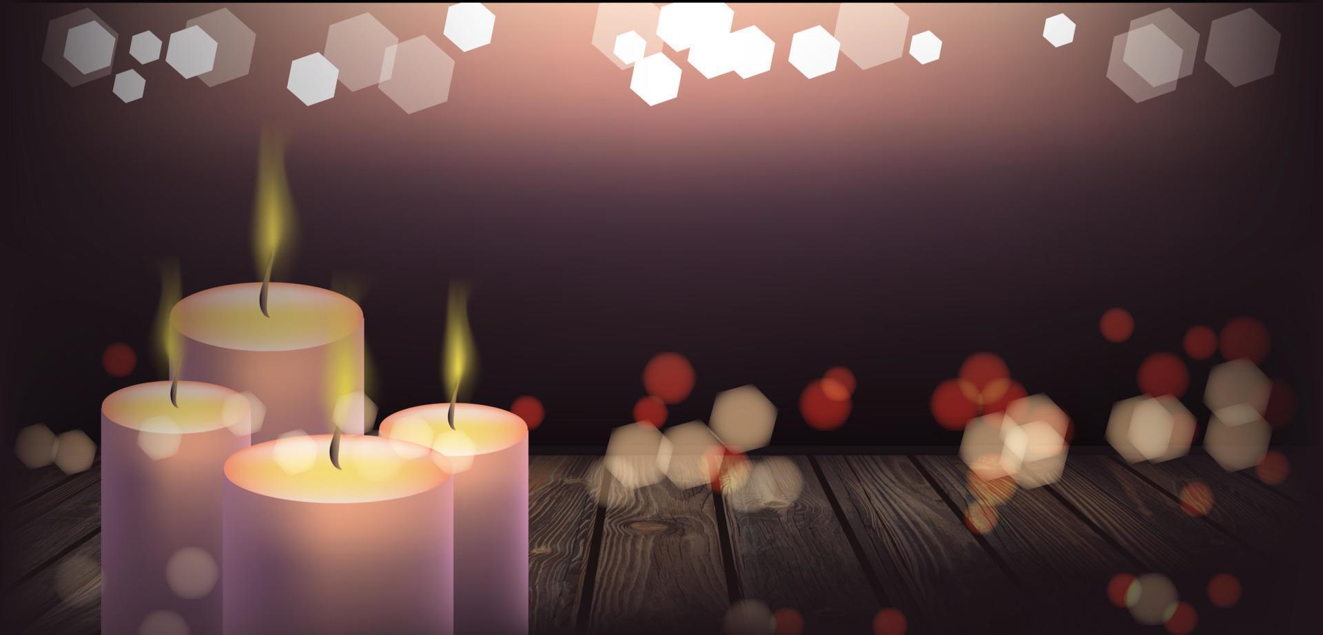 Kerzen auf dem Holzboden auf Bokeh-Hintergrund vektor