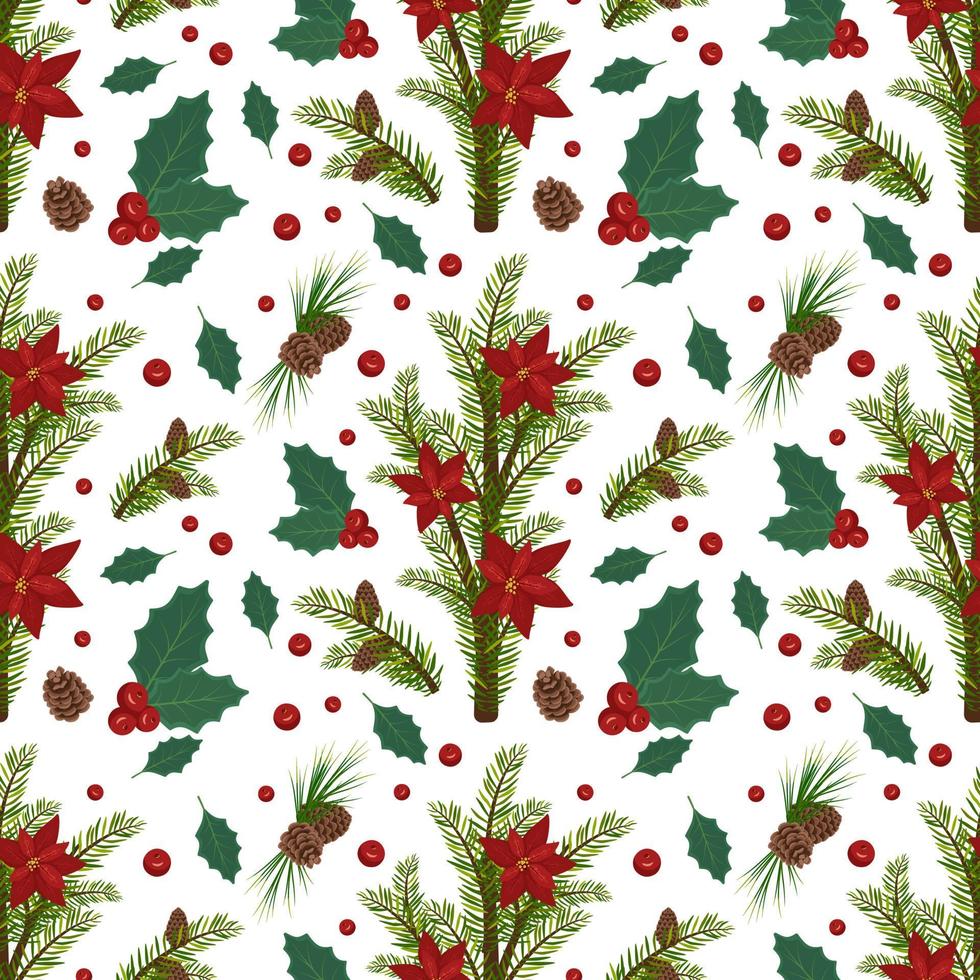 seamless mönster med julgran eller tall grenar med bruna kottar och röd julstjärna blomma. festlig print dekoration för det nya året. platt vektor illustration