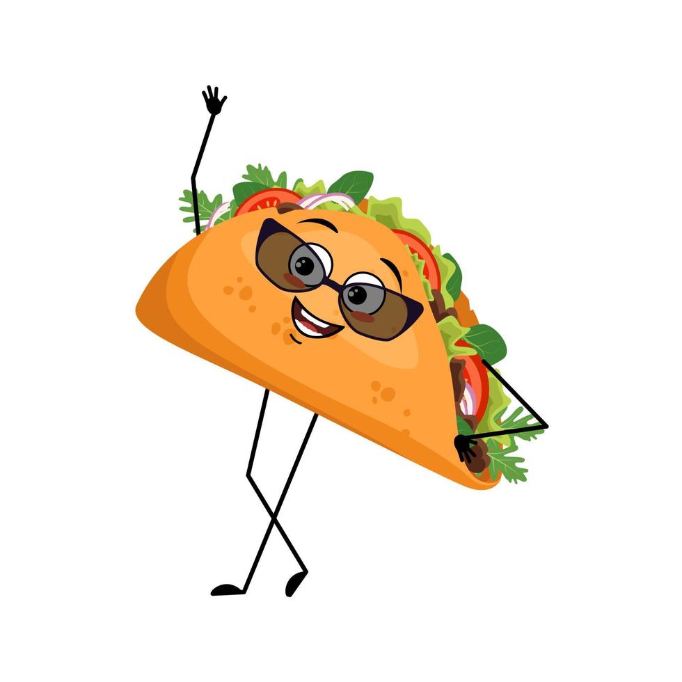 söt karaktär mexikansk taco med glada känslor, ansikte, leende, ögon, armar och ben. glad snabbmat person vila, smörgås med tunnbröd. vektor