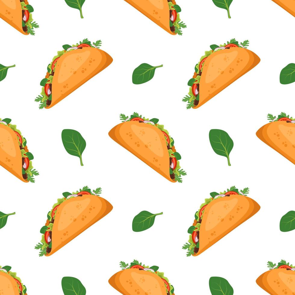 seamless mönster med mexikansk traditionell taco mat och grön spenat. snabbmatstryck för restaurang, café och design på vit bakgrund. platt vektor illustration