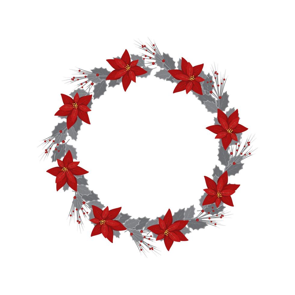 runder Weihnachtsrahmen aus Zweigen, roter Weihnachtssternblume, silbernem Stechpalmenblatt und Beerendekoration. festliche Dekoration für Silvester und Winterferien. flache Vektorgrafik vektor