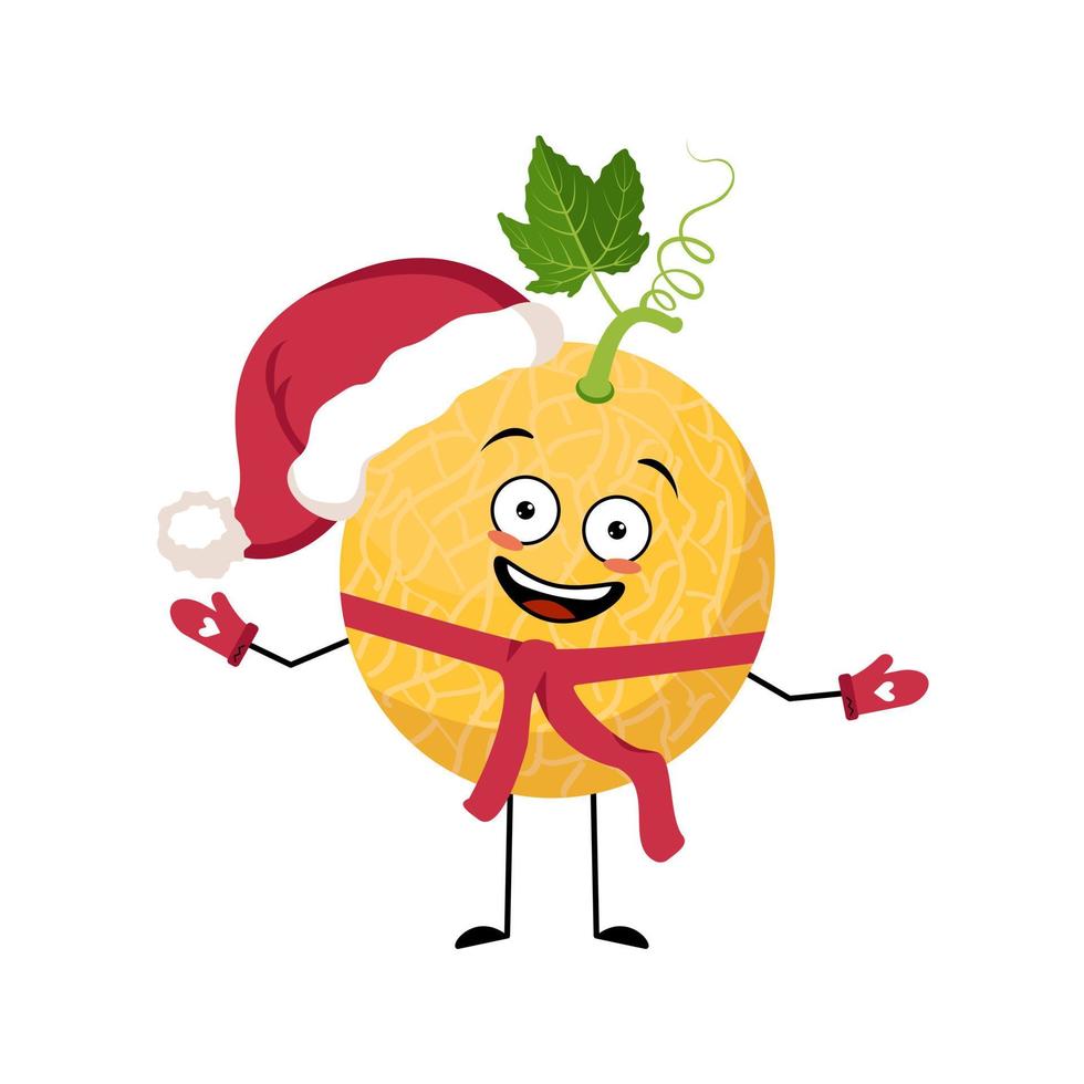 Melone Santa Charakter mit fröhlichen Emotionen, fröhlichem Gesicht, lächelnden Augen, Armen und Beinen mit Schal und Fäustlingen. Fruchtmensch mit Ausdruck, Essen für Weihnachten und Neujahr vektor
