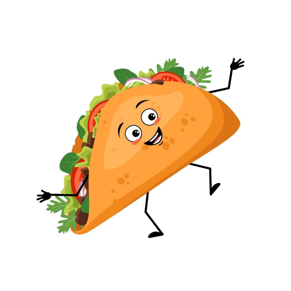 söt karaktär mexikansk taco med glada känslor, ansikte, leende, ögon, armar och ben. glad snabbmatsperson, smörgås med tunnbröd. vektor