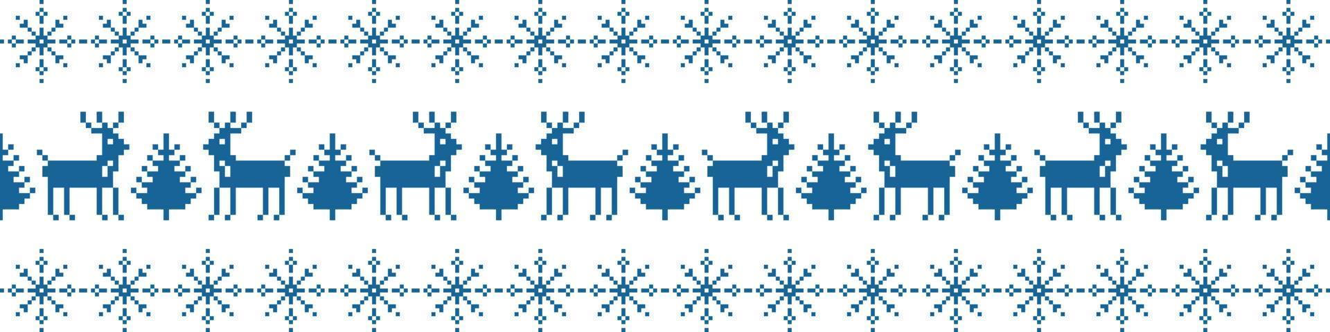 jul prydnad rand pixel seamless mönster. blå rådjur nära nyårsträd. festligt trendigt broderi med snöflingor i skandinavisk vektorstil. vektor