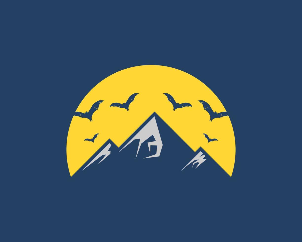 enkelt berg med gul måne och flygande fladdermöss vektor