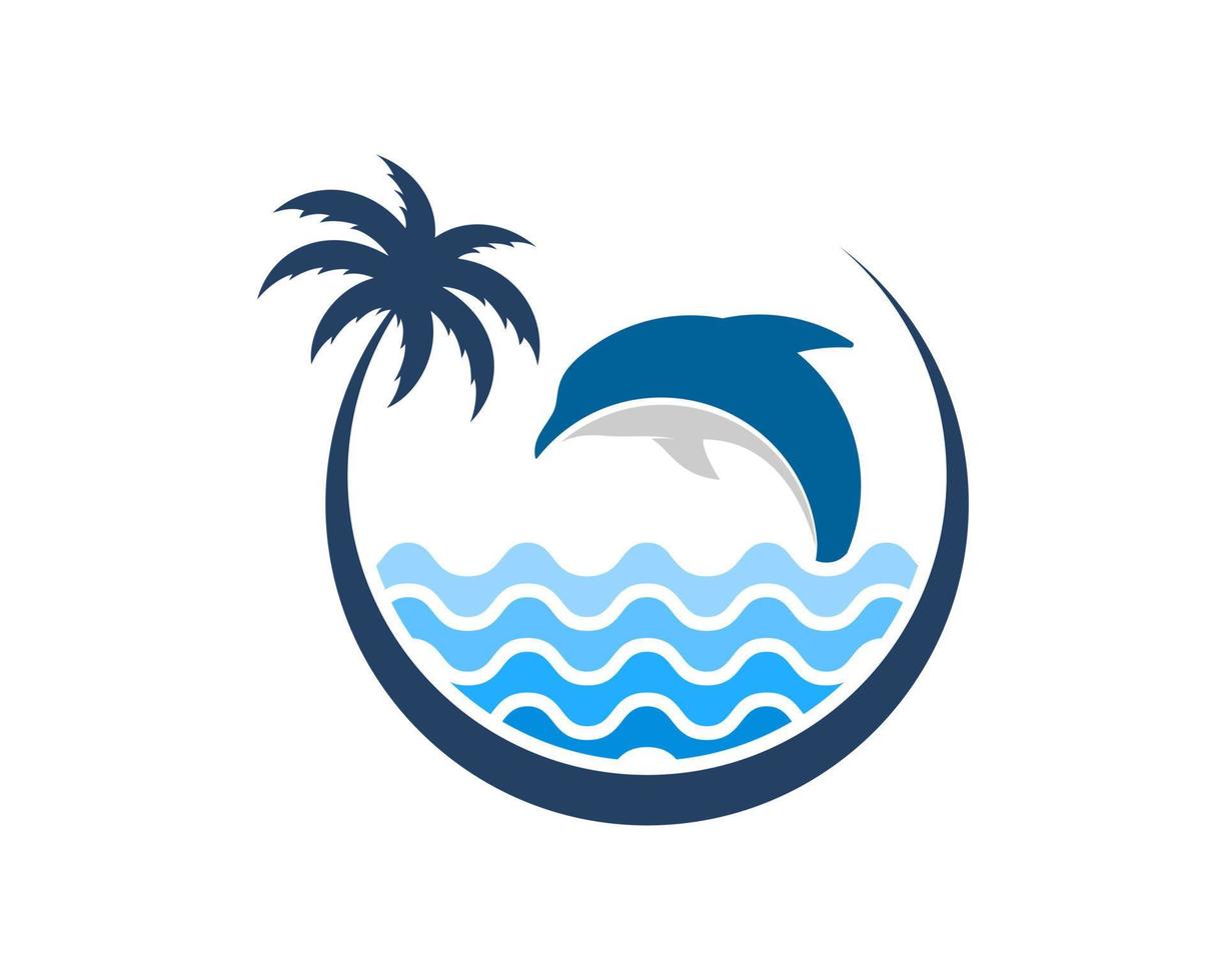 kreisförmige Palme mit abstrakter Strandwelle und springender Delfin vektor