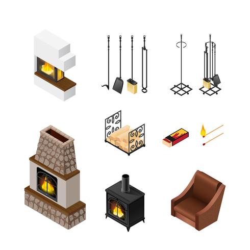 Isometric Elements Set Fireplace Set vektor