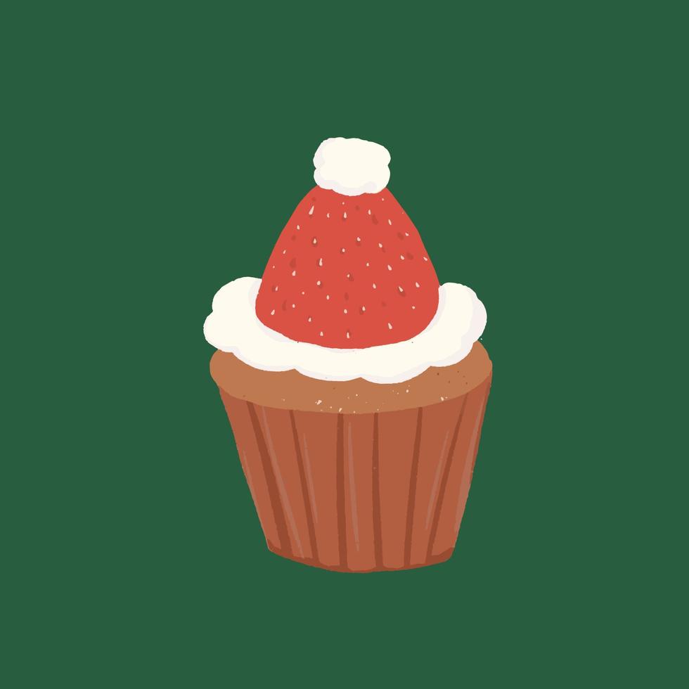 isolierte handgezeichnete Weihnachtserdbeer-Cupcake-Kunstwerk vektor