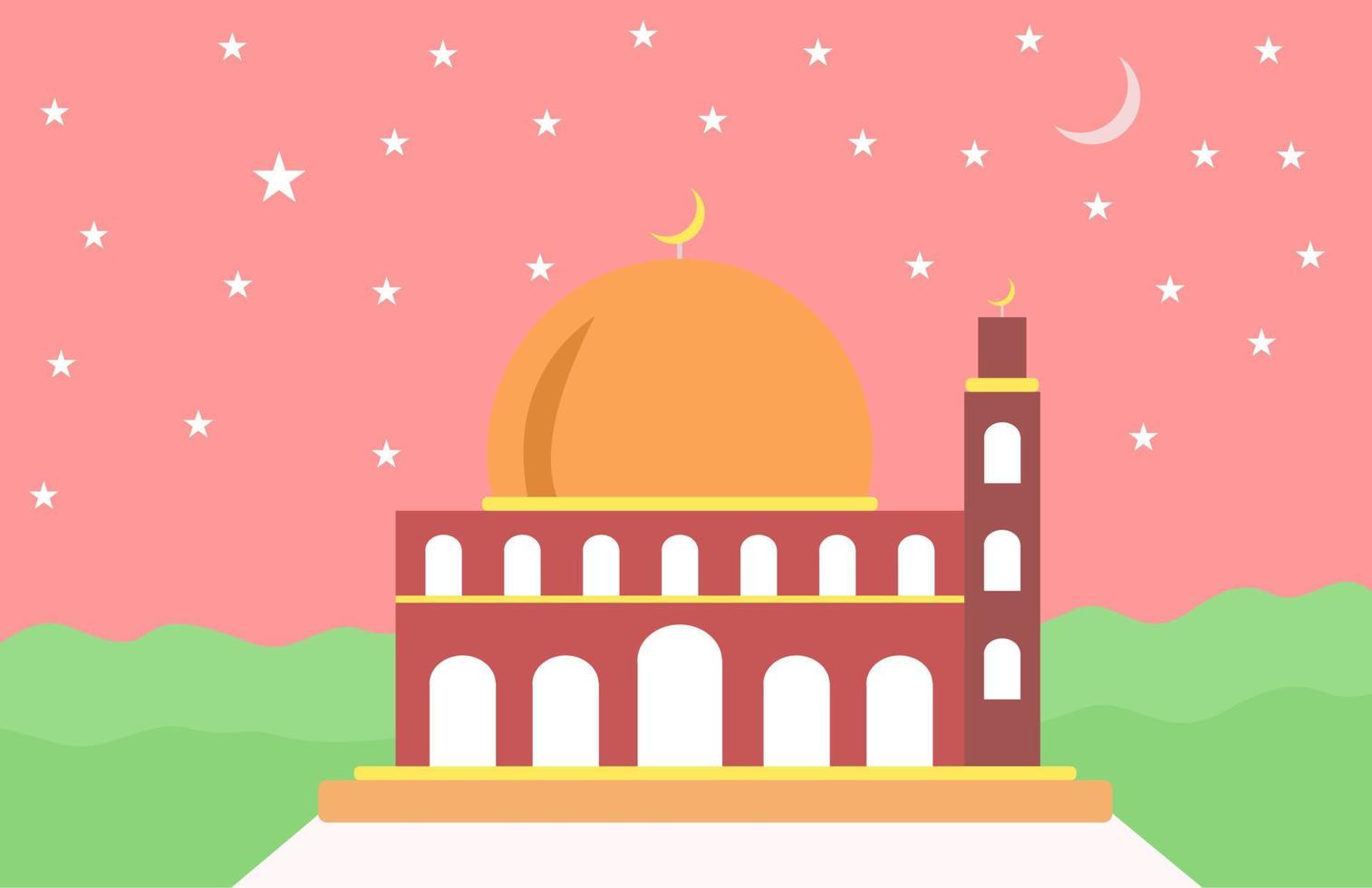 moské natt bild, med måne och stjärnor. vektorillustration på en rosa bakgrund för ramadan-tema vektor