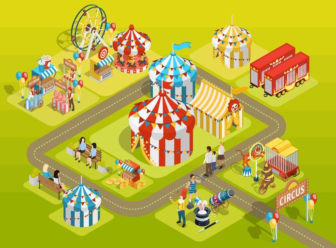 Rese Circus Fairground Isometric Layoutaffisch vektor