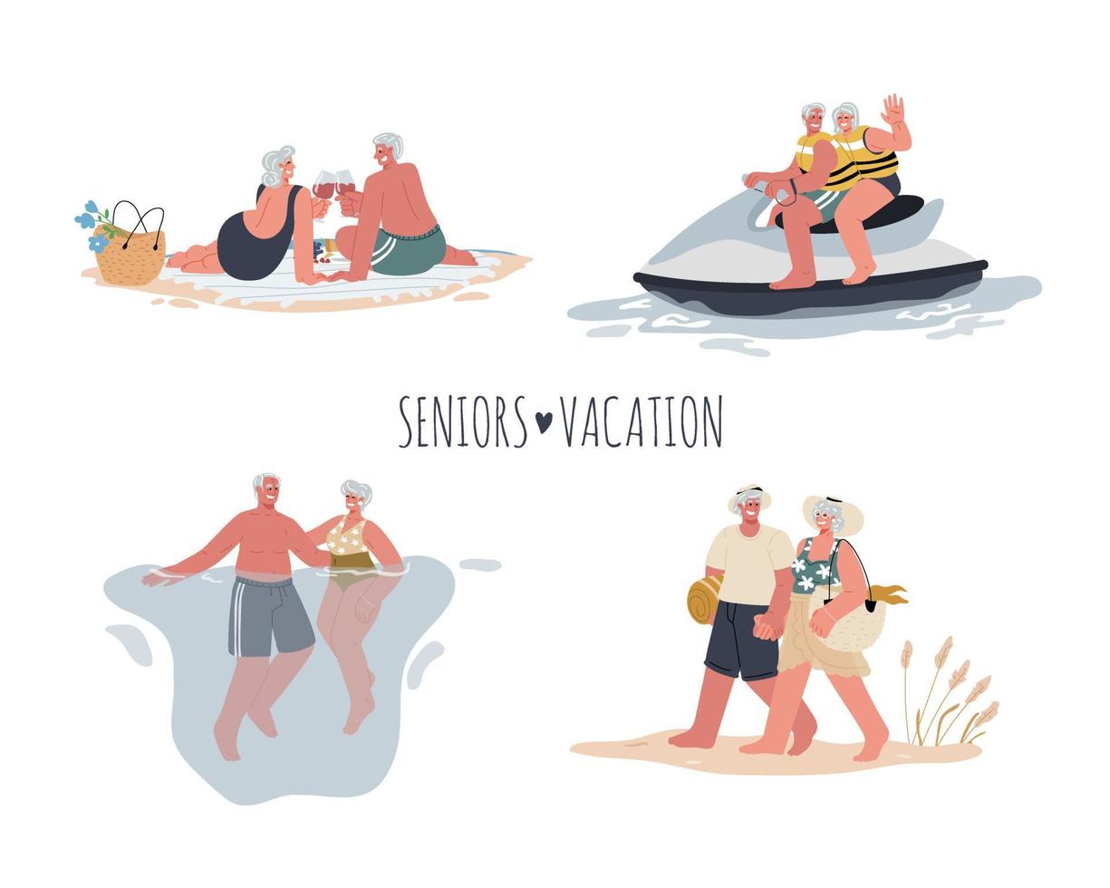ett par aktiva seniorer på semester, simning, picknick på stranden, åker vattenskoter, går på stranden vektor platt illustration.