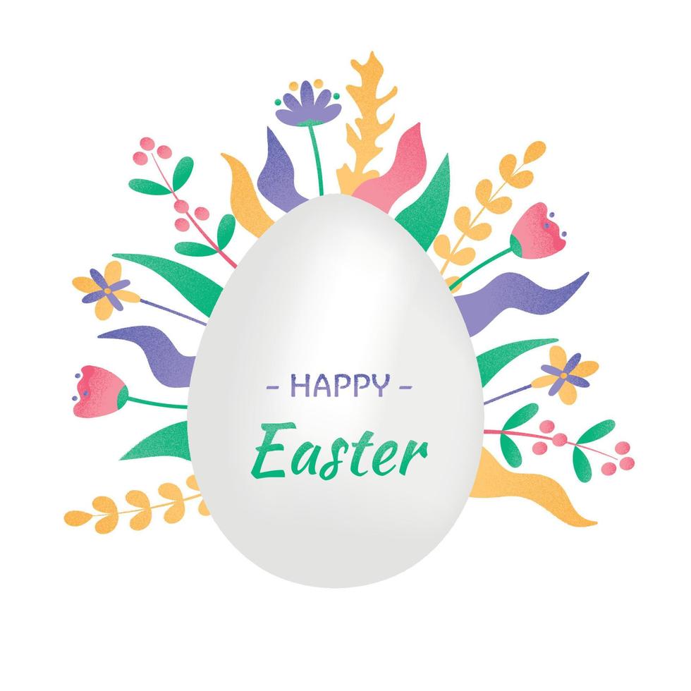 Happy Easter Egg isoliert auf weiss, Blumen hinten. Grußkarte, Papier geschnittenes 3D-Ei und minimalistische süße helle flache Blumen mit Korneffekt. Vektorillustration mit Text vektor