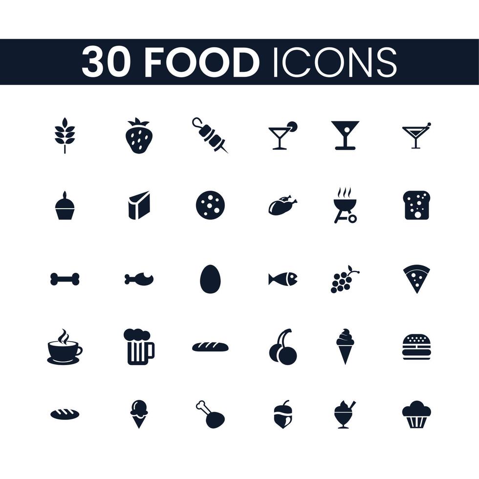 30 Lebensmittelikonen eingestellt. Essen Icons Pack. Lebensmittelsammlung von Symbolen. vektor