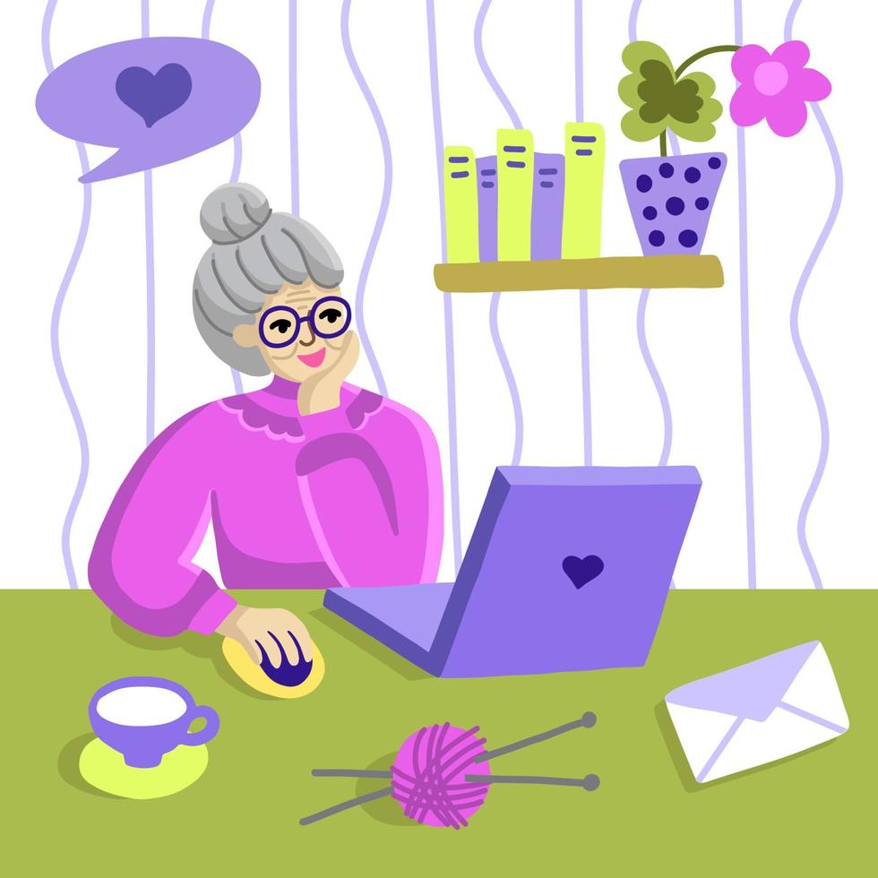 en äldre leende kvinna sitter hemma vid sin bärbara dator. mormor sms:ar på sociala nätverk med sin familj och farfar vektor