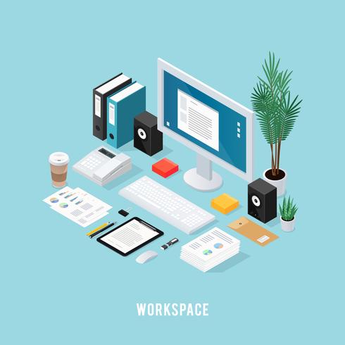 Färgad Office Workspace Isometrisk Sammansättning vektor
