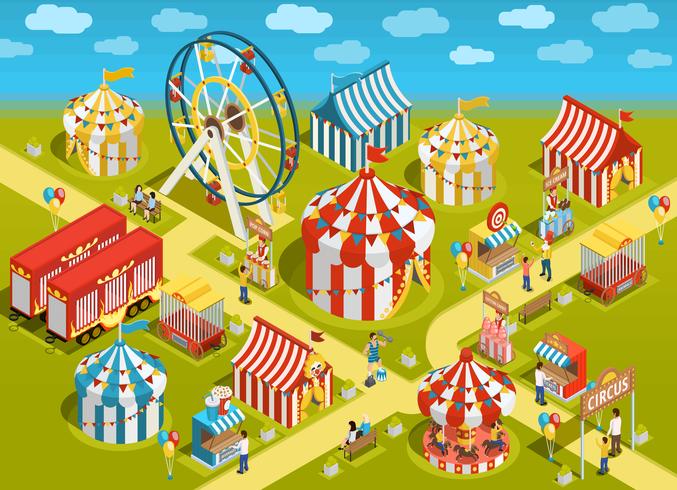 Nöjespark Cirkus Sevärdheter Isometrisk Illustration vektor