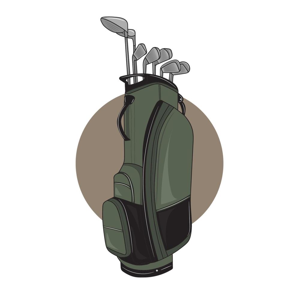 Grüne und schwarze Golftasche voller Schläger, Golfspieler-Sportausrüstungsvektorillustration. vektor