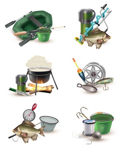 Fiskeutrustning 6 Icons Set vektor