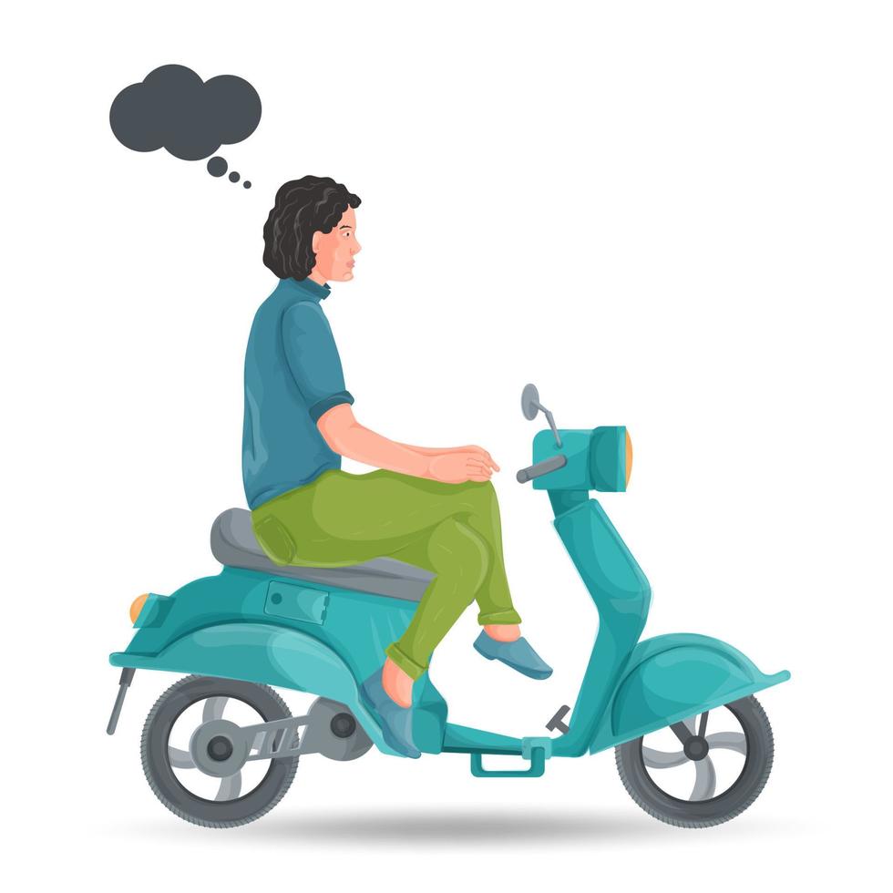 Flaches Design, Illustration, ein Typ in grünen Hosen sitzt auf einem blauen Moped auf einem weißen, isolierten Hintergrund vektor