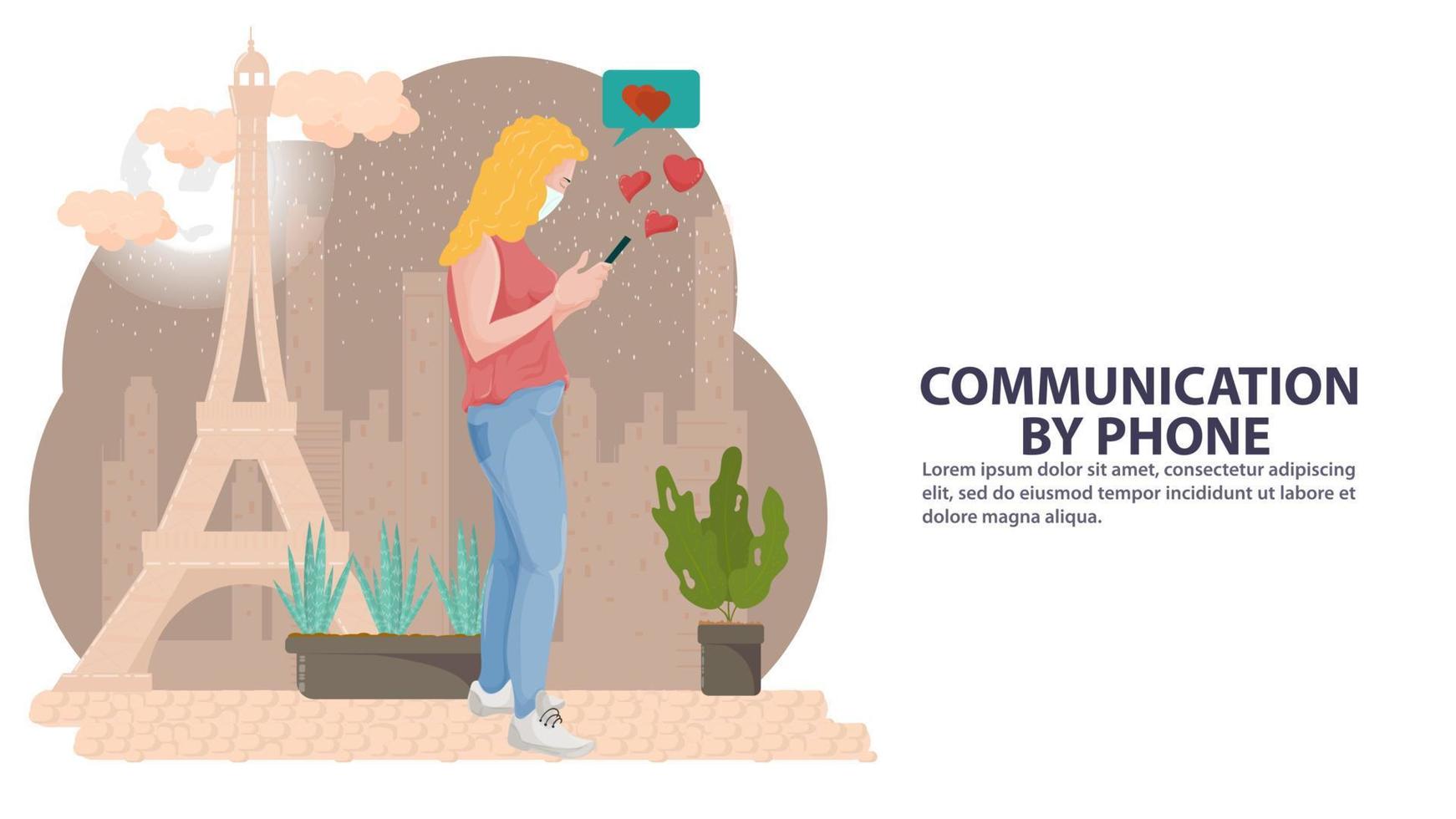 illustration i stil med platt design en flicka i en mask på bakgrunden av en stad och ett torn bredvid växter kommunicerar i en mobiltelefon vektor