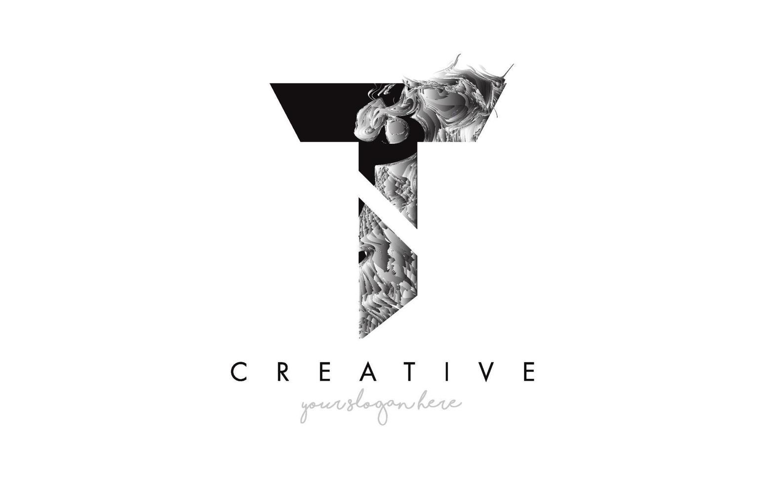 bokstaven t logotyp designikon med konstnärlig grunge textur i svart och vitt vektor