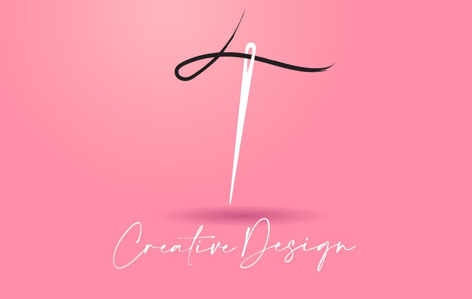 t brev logotyp med nål och tråd kreativ design koncept vektor