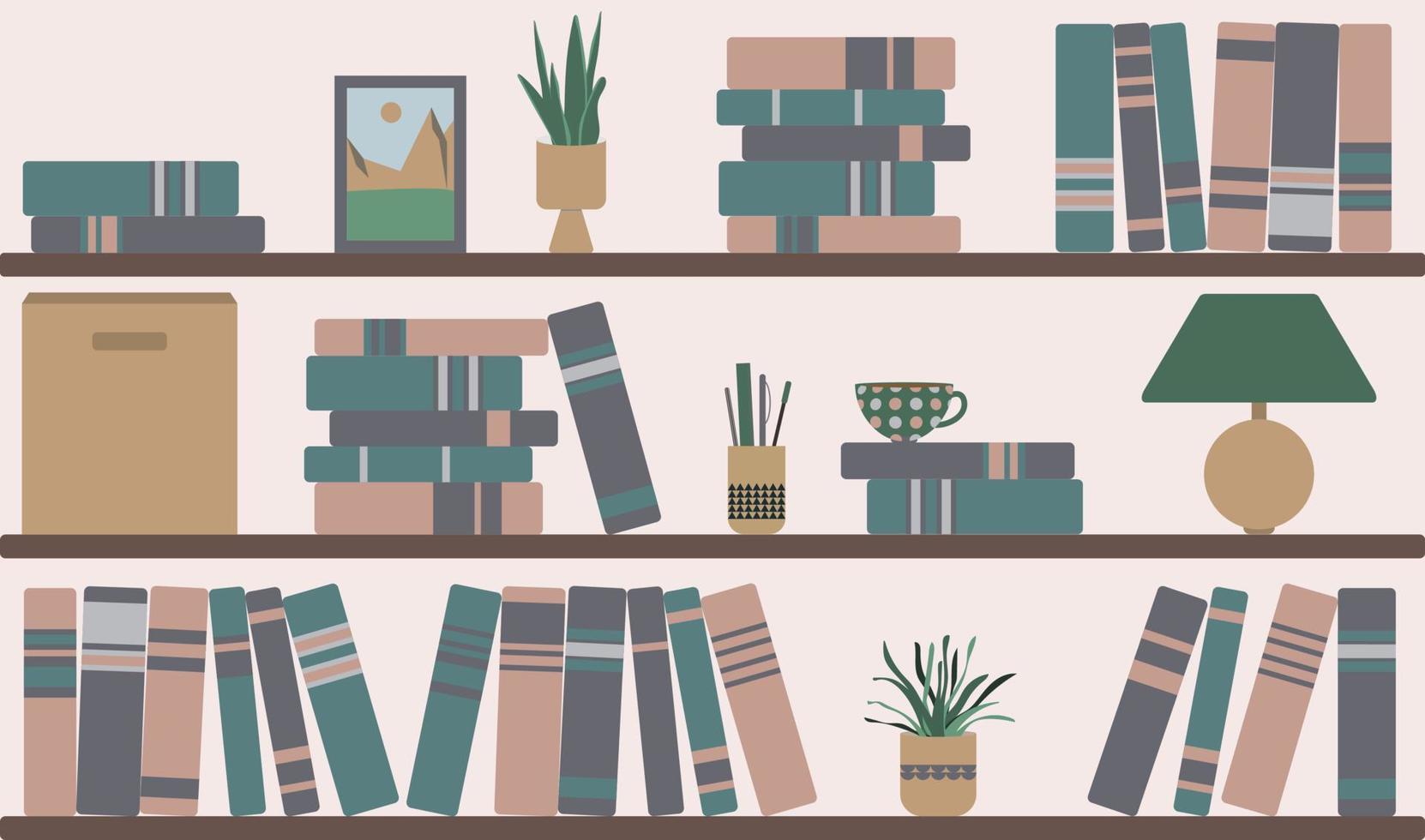 Rosa Wand mit Bücherregalen. Heimpflanze in der Nähe von Bücherstapeln, Schachteln, Lampen und Bergbildern. Tasse Kaffee Grafikdesign in der Heimbibliothek oder Buchhandlung. vektor