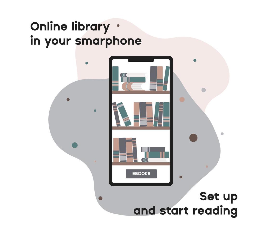 Richten Sie eine Online-Bibliothek auf Ihrem Smartphone ein und beginnen Sie mit dem Lesen. Buchhandlungsbanner für das Online-Lernen. intelligente Bildung oder Hobby in Ihrem Handy. vektor