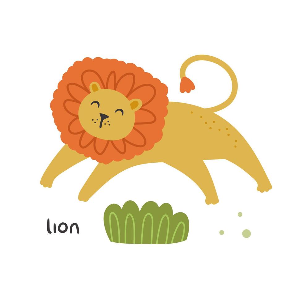 wildes Tier kindische Illustration Löwe springt Jagd läuft Vektor-Design für Kinder isoliert auf weißem Hintergrund vektor