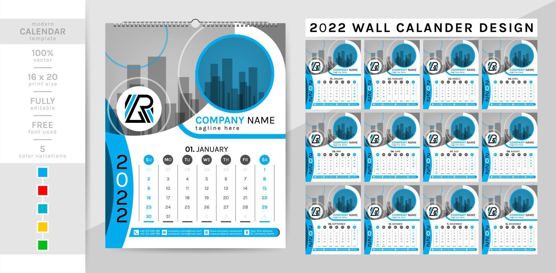 Wandkalender und Planer-Tagebuch-Vorlage für das Jahr 2022. Dieser kreative, elegante Kalender ist ein Muss für Ihr Zuhause und Ihr Büro. 2-Themen-Farbgebung, schwarz und andere. die 12-seitige woche beginnt am sonntag. vektor