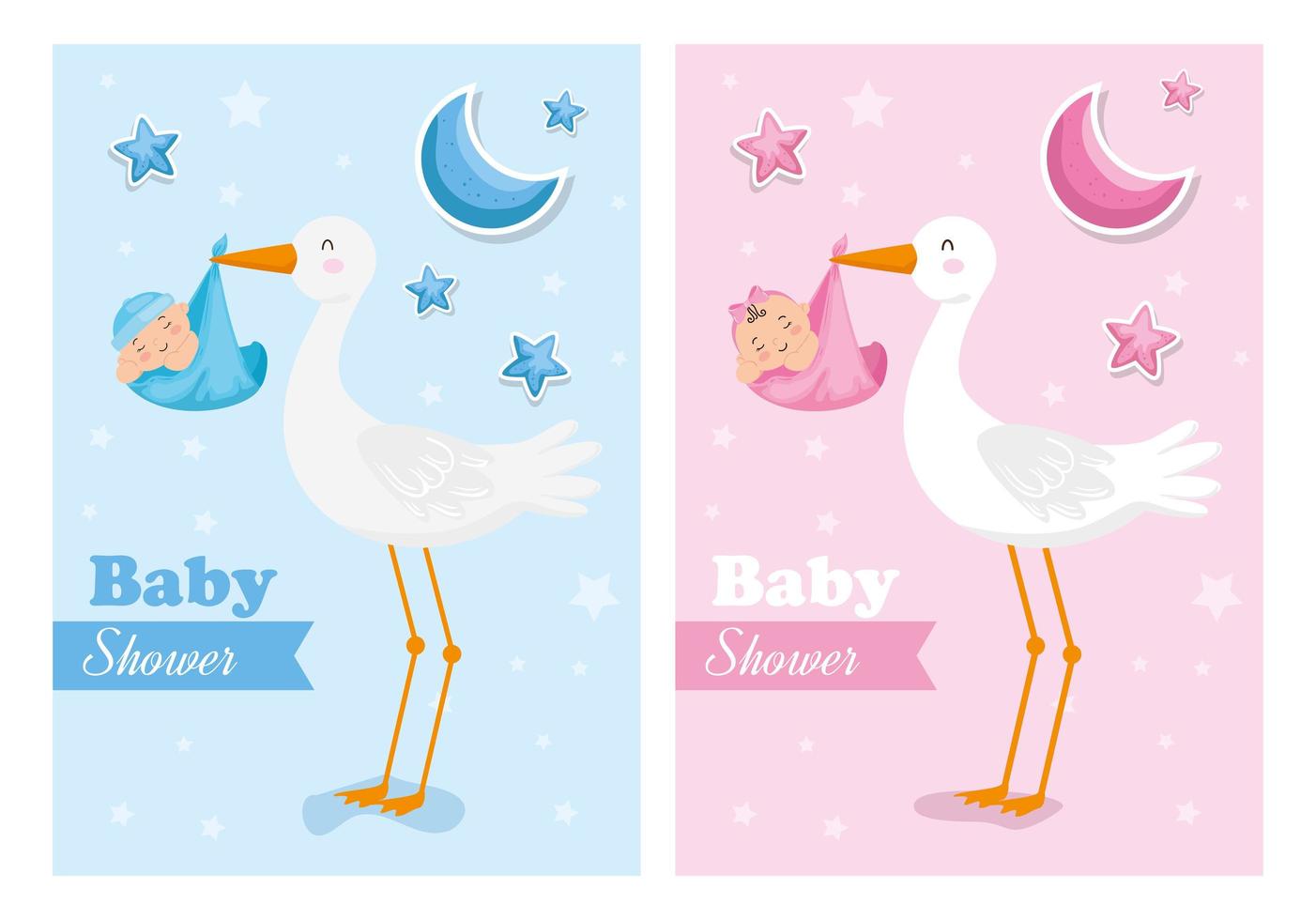 uppsättning baby shower kort med storkar och bebisar vektor