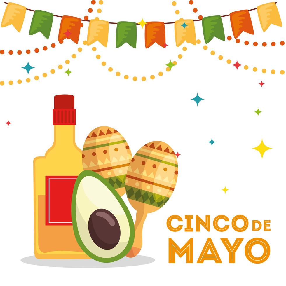 mexikanische Tequila-Flasche Maracas und Avocado von Cinco de Mayo-Vektordesign vektor