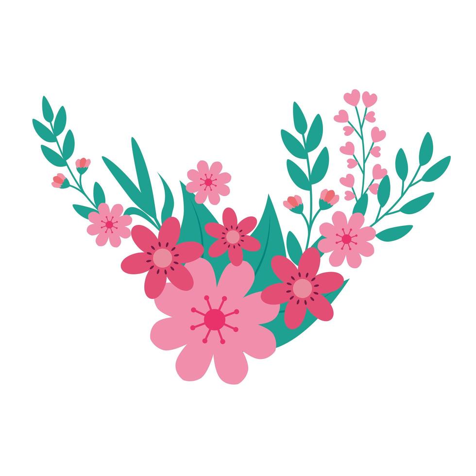 söta blommor rosa med grenar och blad dekoration vektor