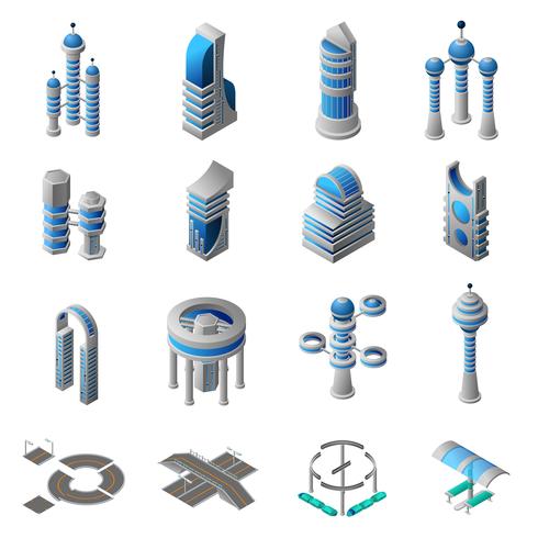 Framtida City Isometric Icons Set vektor