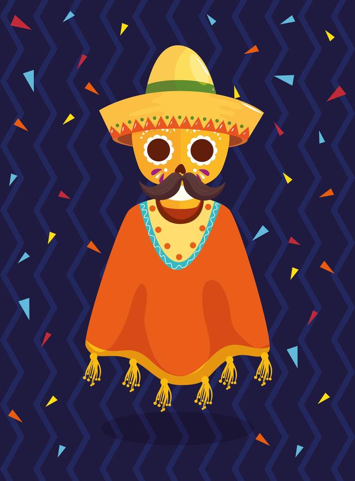 mexikansk skalle med mustaschhatt och poncho vektordesign vektor