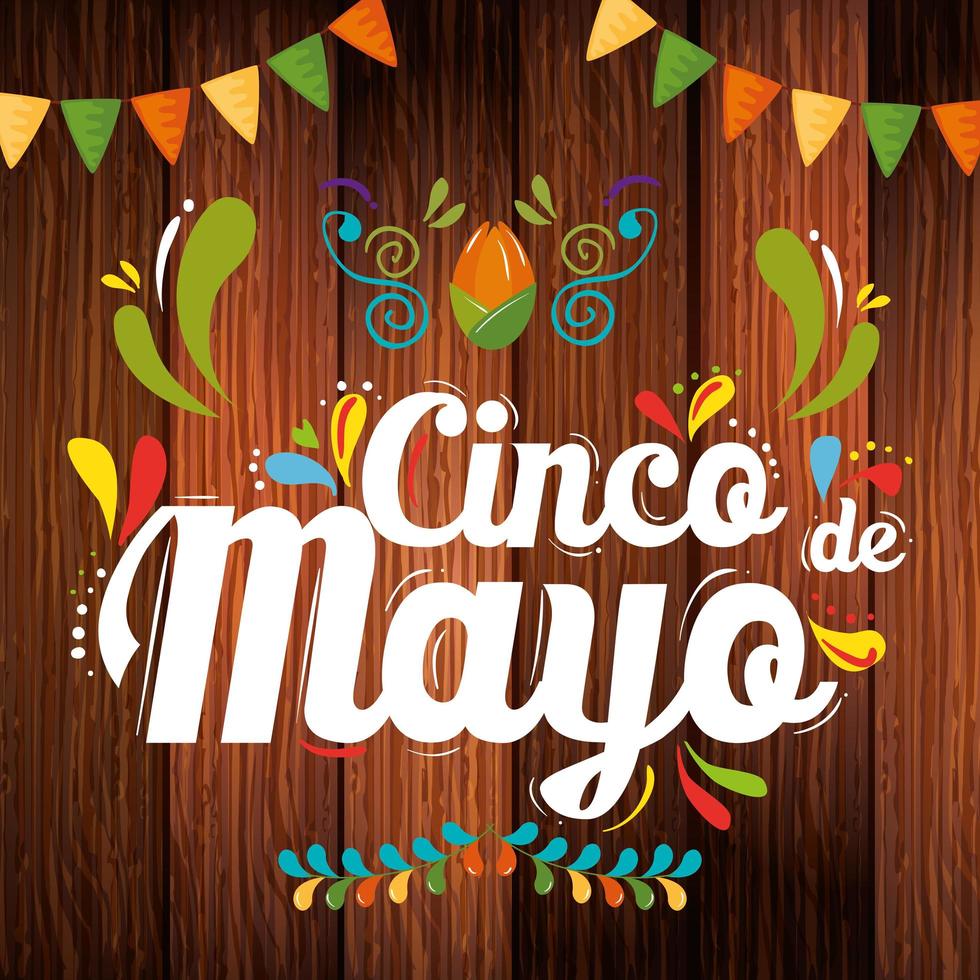mexikanischer Fahnenwimpel über Holzhintergrund von Cinco de Mayo-Vektordesign vektor